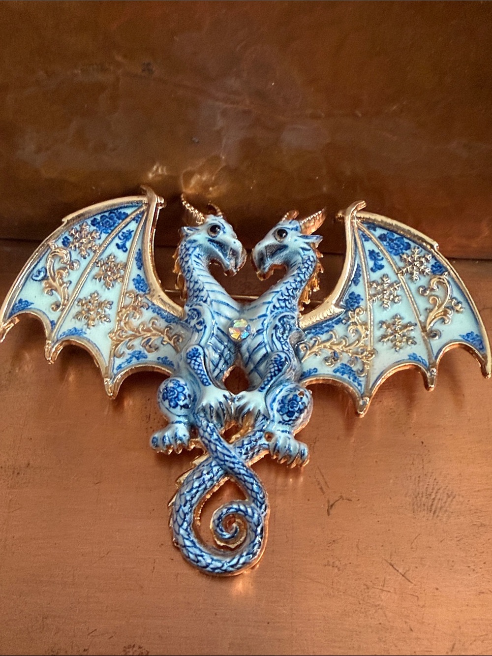 Blue Double-Headed Dragon Brooch with Gold Accents